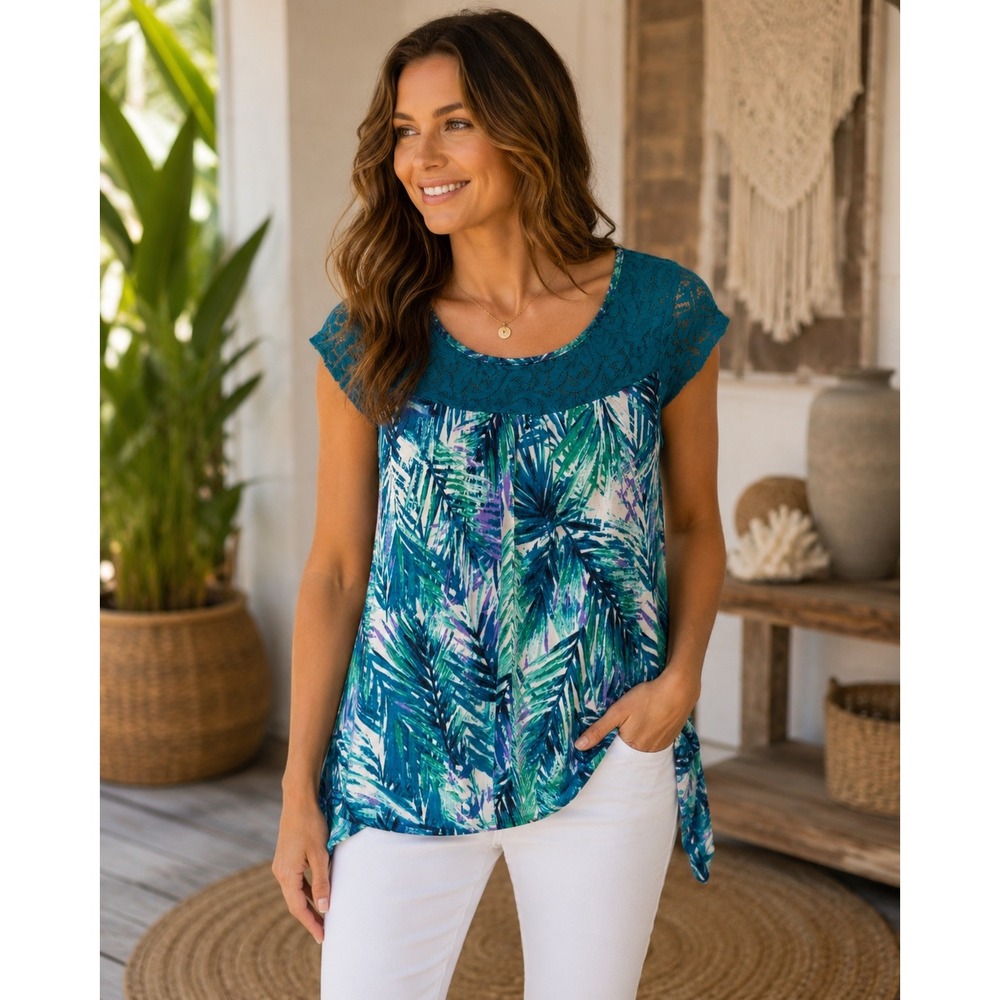 Life Style Womens M Teal Tropical Palm Leaf Print Lace Cap Sleeve Tunic Top